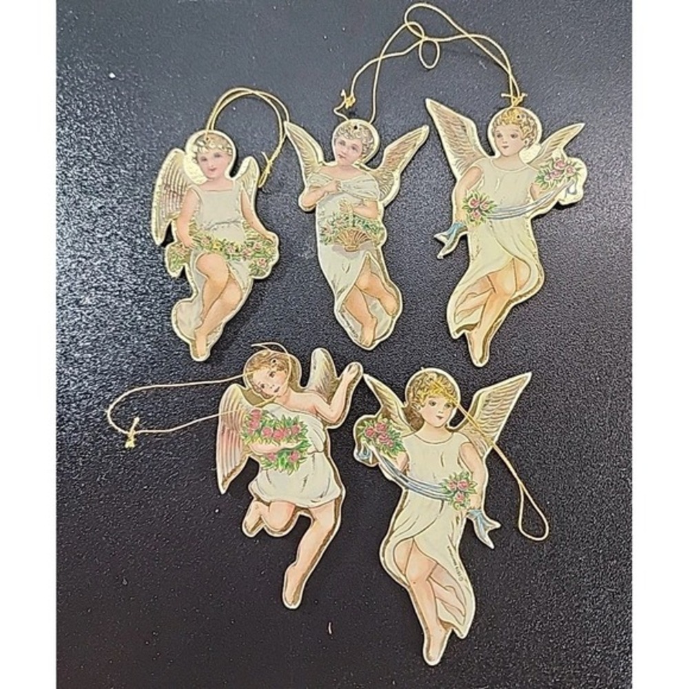 5 VINTAGE 1979‎ MERRIMACK DIE CUT VICTORIAN 2 SIDED CHRISTMAS ANGEL ORNAMENTS
